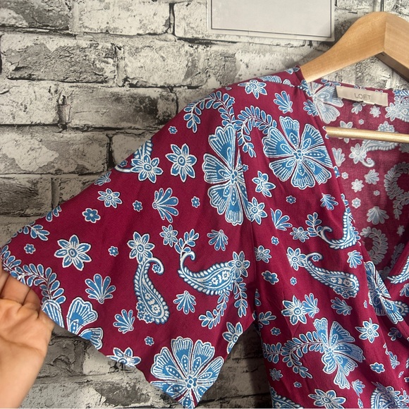 EUC LOFT Burgundy and Blue Floral Wrap Blouse Size Small - Picture 4 of 16